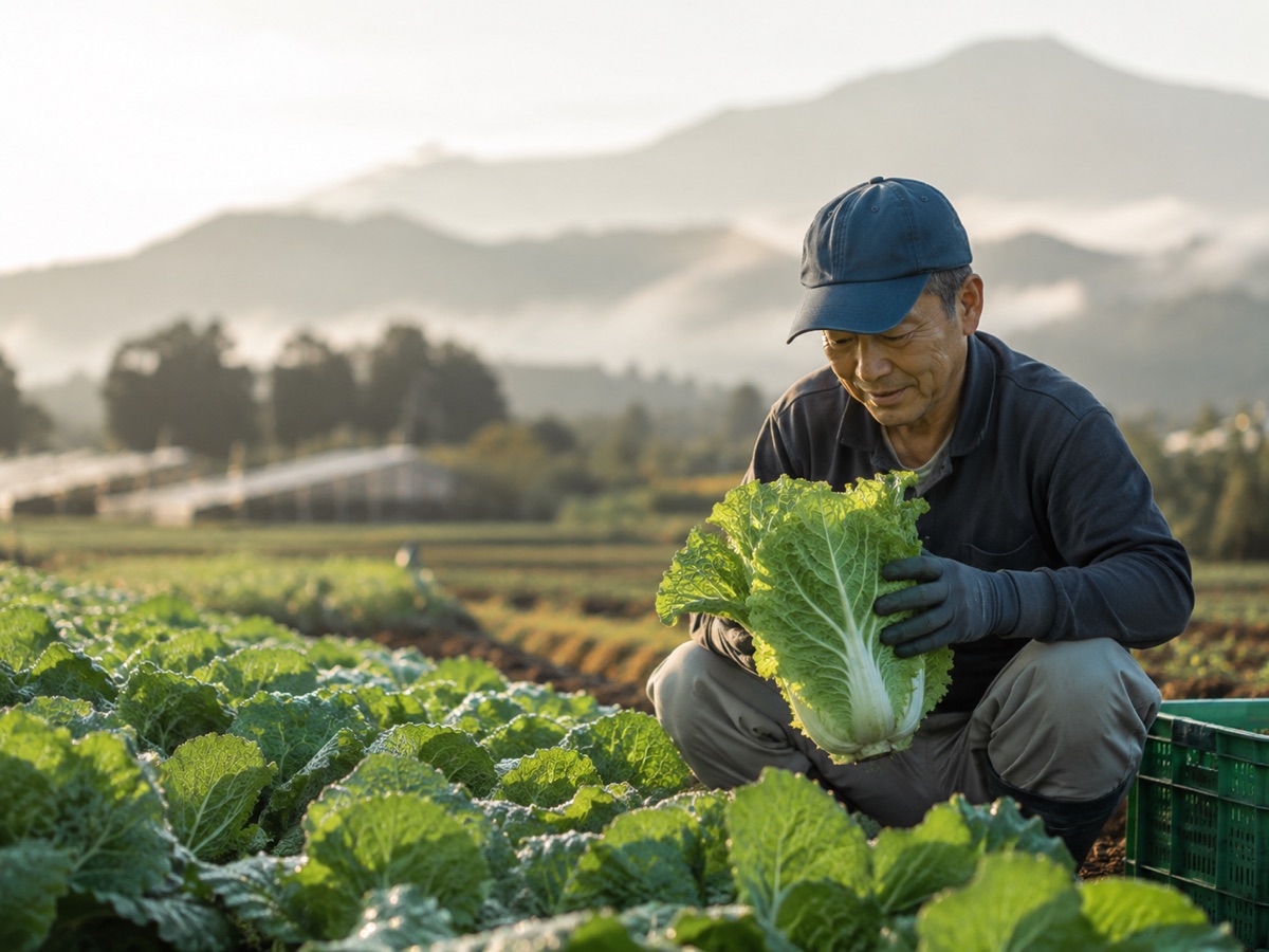 畑で野菜を収穫する生産者