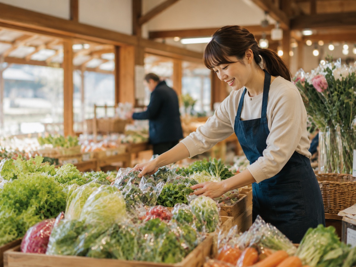 直売所で地域の野菜を並べるスタッフ